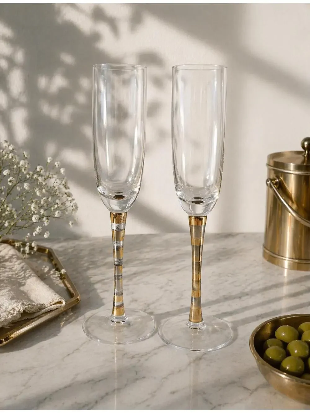 Vintage Pair Liselotte Henriksen Gold/Silver Champagne Glasses for Boda Nova